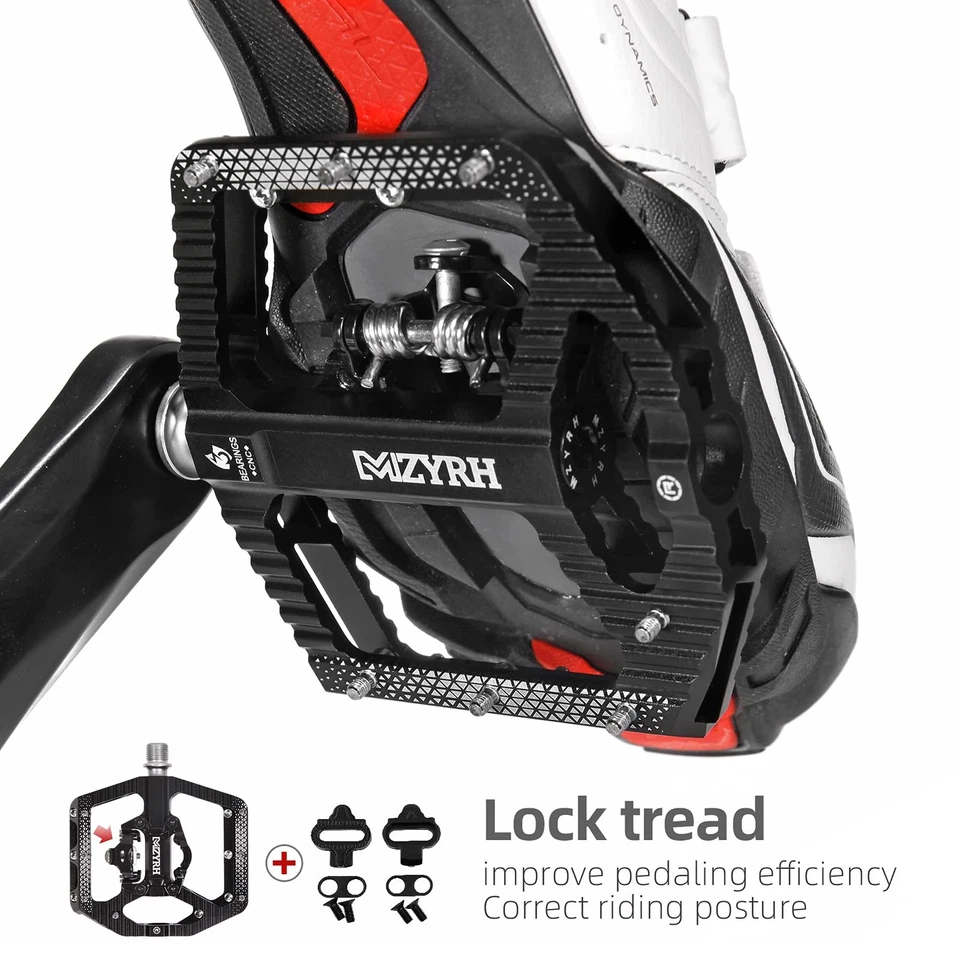 Pedales de bicicleta de montaña MTB 3 rodamientos plataforma plana compatible con SPD, doble diversión... Foto 3 de 4