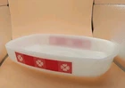 Vintage Federal Milk Glass Gingham Flower Loaf Pan Casserole Dish Red Floral