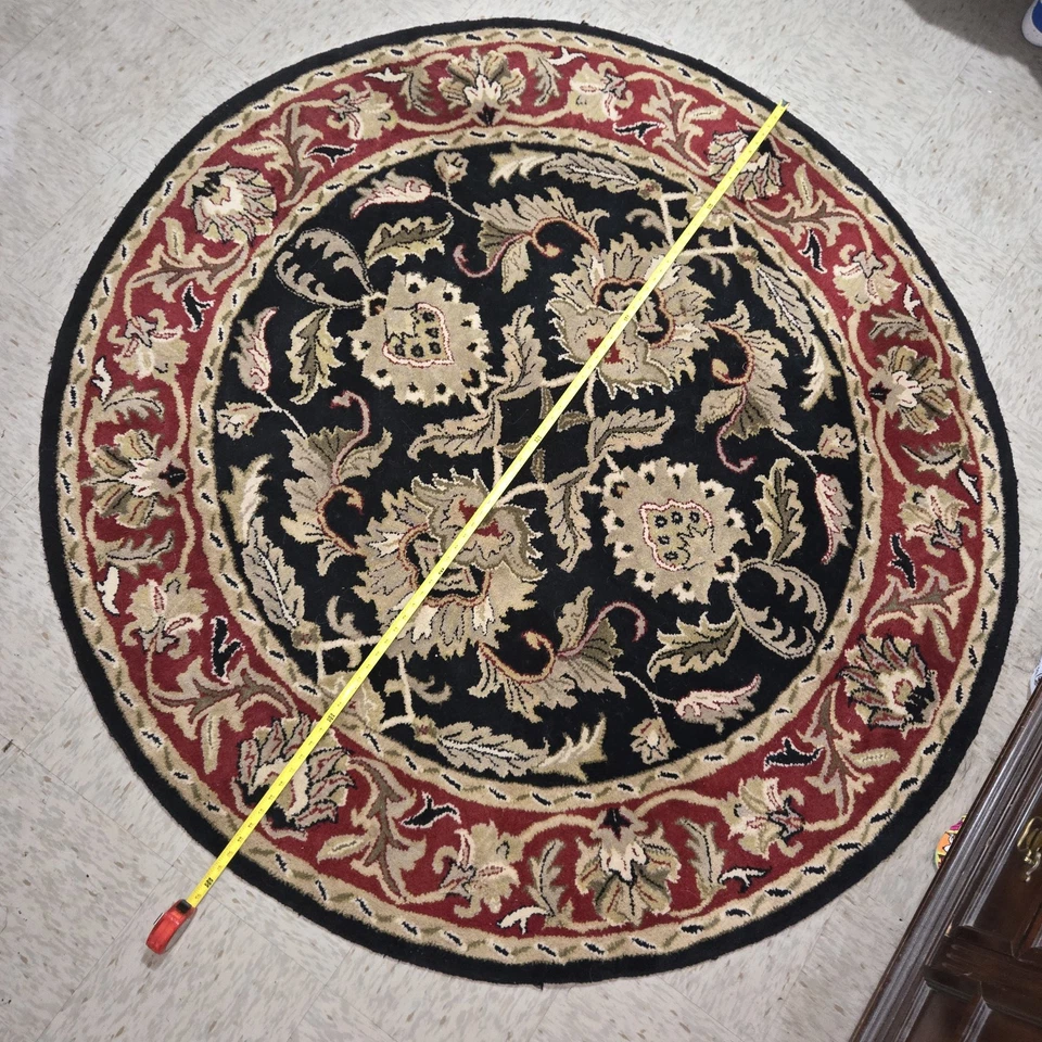 VTG Liberty Hand-Knotted Wool Oriental Rug 6x6 Round Floral Black Red Gold - Image 2 of 4