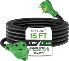 RVGUARD 30 Amp 15 Foot RV Extension Cord, Heavy Duty 10/3 15 Foot, Green 