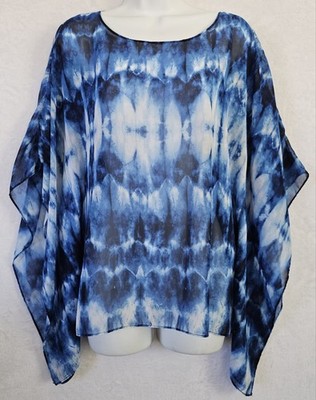 Allison Taylor Blue White Tie Dye Top Poncho Sz S Artsy Flowy Beachy Made in USA