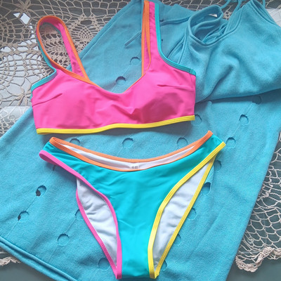 Damen Bikini,S, Sport/Show 2-teilig,neon pink/türkis/gelb, High Waist