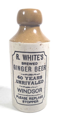 R. White's Brewed Ginger Beer Stoneware Bottle English Pub Advertising Decor