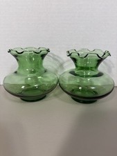 Vintage Pair of Green Glass Flared Bud Vases with Crimped Top