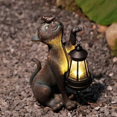 Solar Powered CAT PET Statue Bird Lighted Lantern Sculpture Resin Outdoor Decor