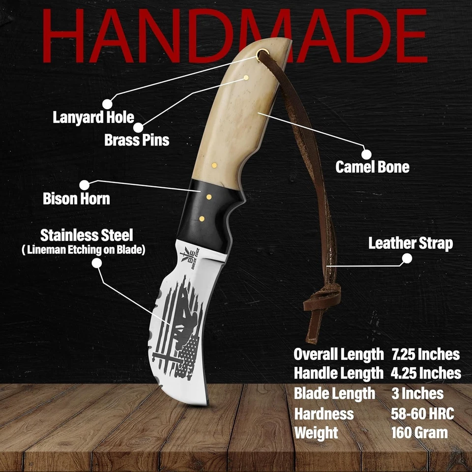 Cuchillo carey de liniero de acero inoxidable hecho a mano con funda de cuero - 7,25" Foto 4 de 4