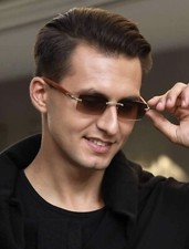 Men's Rimless Sky Blue Tint Rectangular Vintage Wood Grain Gold Frame Retro Sung