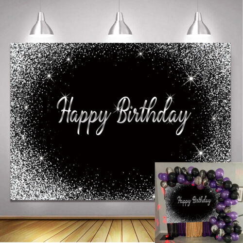 Shiny Black Silver Sequin Happy Birthday Backdrop Girl Birthday Party Decoration - Afbeelding 1 van 9