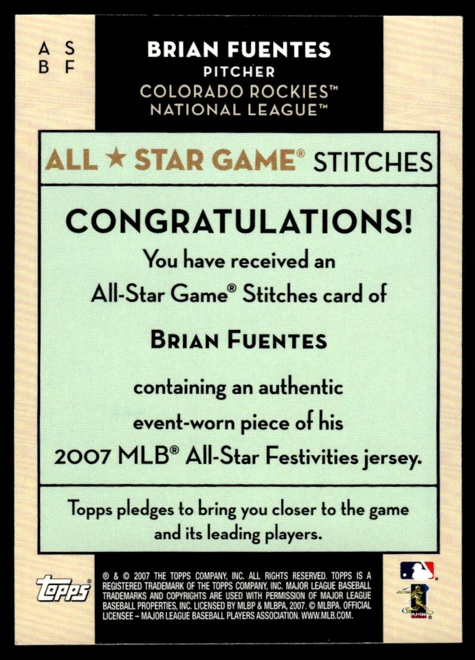 2007 Topps Updates & Highlights All-Star Stitches Brian Fuentes Colorado Rockies - Image 2 of 2