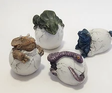  Mini Baby Dinosaurs/Snake Hatching Out Of Egg Figurines Set Of 4 Sculptures 2" 