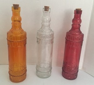 Glass Decorating Bottle 12 1/2” Raised Design W/Cork Lot Of 3 Red, White Orange