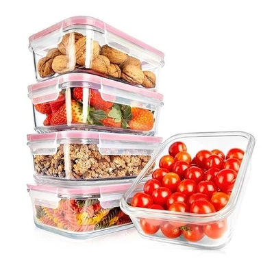 Nutrichef 5 Pcs Superior Glass Food Storage Containers-Vent Lids & Red Air Hole