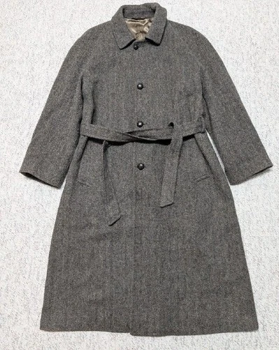 vintage USA made NORDSTROM herringbone TWEED overcoat 44L brown BELTED wool - product listing photo