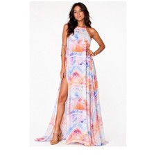 Show Me Your Mumu Womens Small Geometric Watercolor Halter Maxi Dress High Slit
