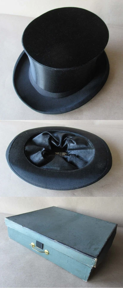 ANTIGUO SOMBRERO DE COPA DE ÓPERA PLEGABLE DE SEDA MARCADO ALEMÁN ANTIGUO GIBUS / TALLA 57 – 71/8 Foto 2 de 4