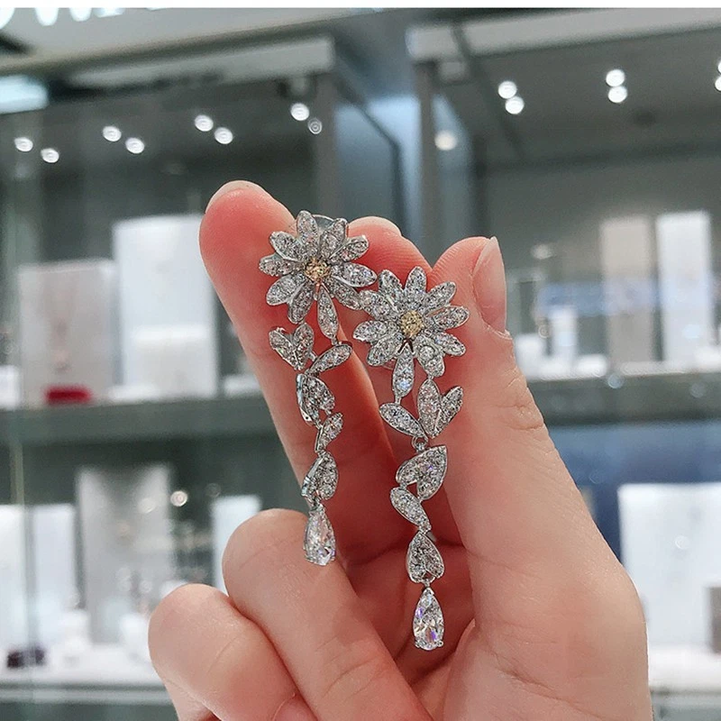 Brincos femininos Swarovski de borla longa margarida, brincos de cristal - Imagem 2 de 4