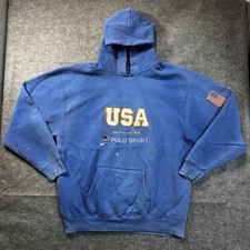RARE Vintage 90  s Ralph Lauren Polo Sport Blue Hoodie Distressed USA Made XL
