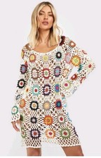 Nasty Gal Multi-Coloured Crochet Long Sleeve Mini Dress Boho Festival Beach S/M