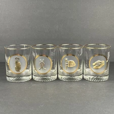 Vintage Double Old Fashion Glass Set of 4 GOLF theme Pewter Medallions 1990's