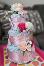 3 Tier Girls Pink Roses Floral Diaper Cake Baby Shower Centerpiece Gift