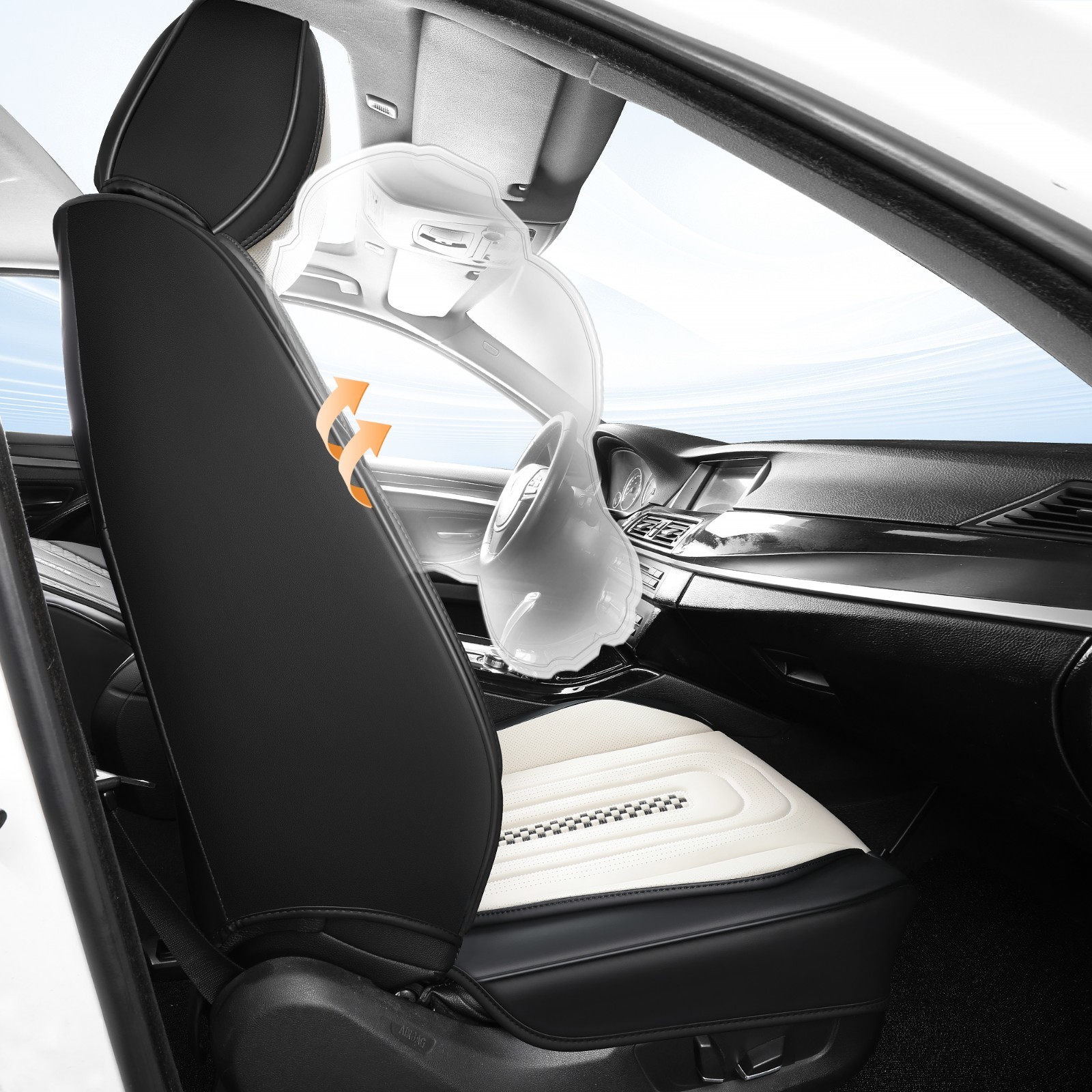 Menifomory Leather Seat Covers with Lumbar Support Fit Car Auto SUV Black+White