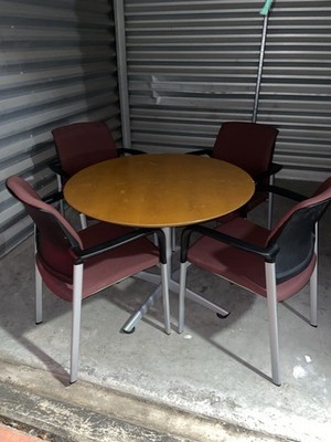 Round 4-Piece Dining Table Set w/ 3 Burgundy Fabric Armchairs, Metal Base