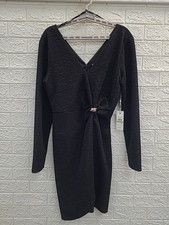 New Siena Textured Knit LS V-neck Sheath Wrap Hardware Dress Women's US Size 14
