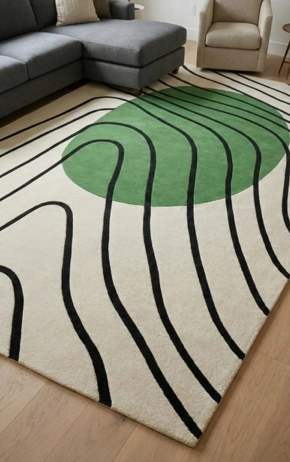 Modern Abstract Green Circle Rug Minimalist Wavy Line Area Rug, Contemporary 5x8