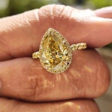 4Ct Pear Cut Lab Created Yellow Citrine Halo Wedding Ring 14K Yellow Gold Plated