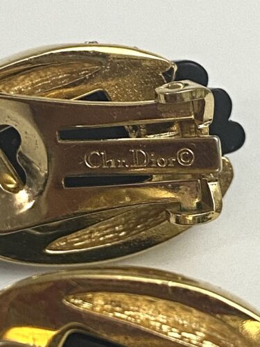 Christian Dior Vintage Chunky Gold Tone Crystal Black Lucite Clip On Earrings - Picture 4 of 7