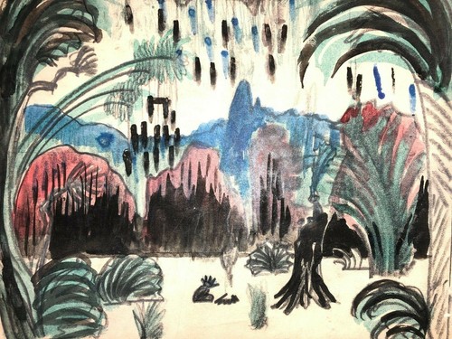 Garden/Landscape Modernist Crayon Drawing on Paper-193os-James/Jim Gussow - Picture 3 of 8