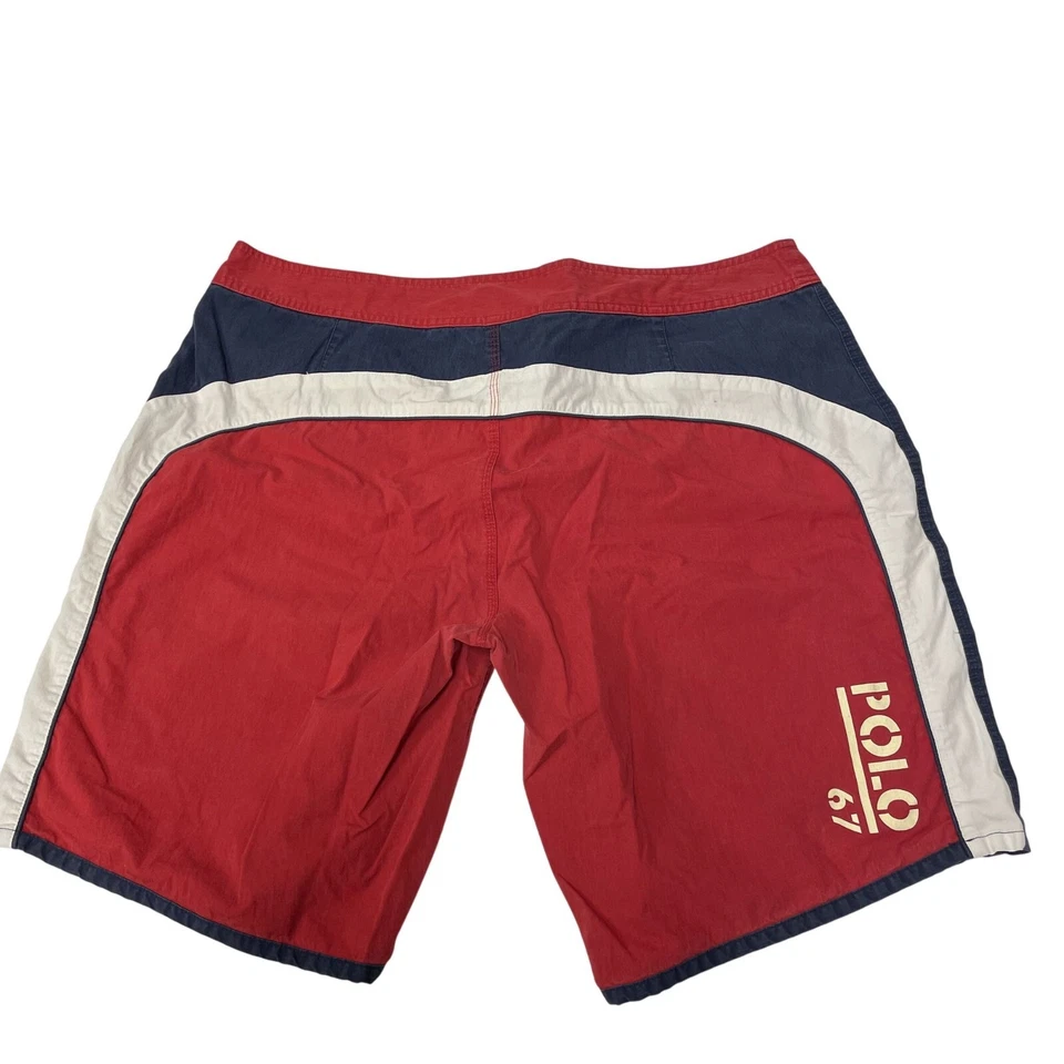 De Colección Años 90 Ralph Lauren Rojo Color Bloque SURF Board Shorts POLO 67 Logo Traje de Baño Foto 3 de 4