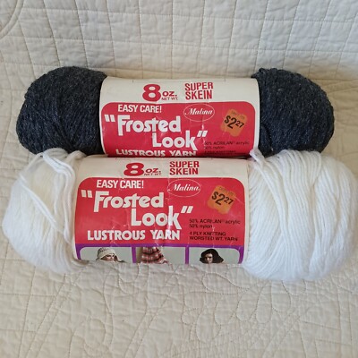 2 Pack White & Grey Vtg Malina Frosted Look Worsted Weight #4 Yarn 8oz Skeins