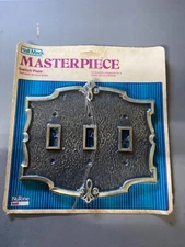 Vintage Hall Mack Masterpiece Ornate Antique Brass Triple Switch Plate