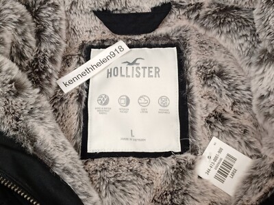 ジャケット・アウター vintage Hollister fur downjacket L HOLLISTER FAUX FUR LINED COZY PARKA JACKET COAT BLACK WOMENS SIZE
