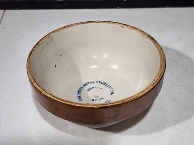 Antique CHICAGO COLUMBIA METAL Advertising Dunlap Bowl 7'' Brown Stoneware Bowl