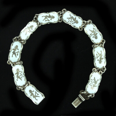 Antique Deco SIAM Sterling White Enamel Niello Dancers Link Slim Bracelet  7''
