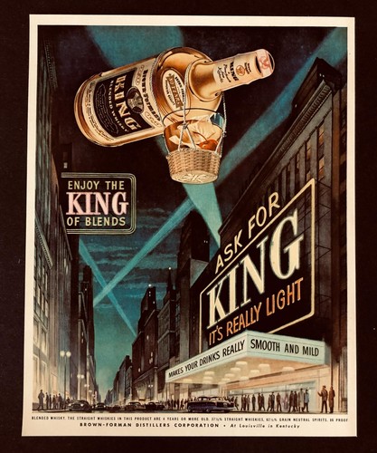 1952 King Whisky Advertisement City Theater Flying Bottle in Lights Vtg Print AD