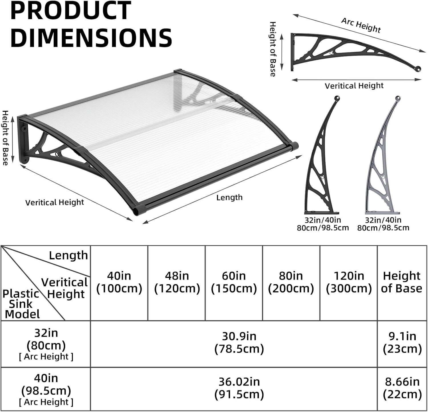 DIY Outdoor Window Awning Door Canopy with Large Sink Polycarbonate Roof Cover