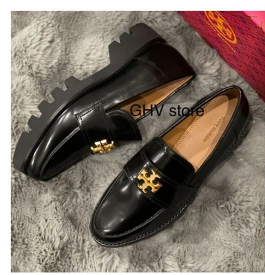 Tory Burch | Shoes | Tory Burch Black Leather Gold Logo  Tory Burch Black and Gold Loafers with Logo Medallion main image 1
