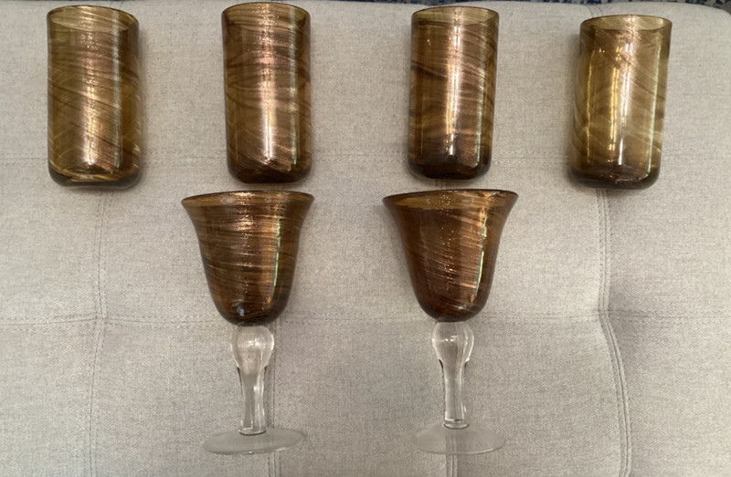 Murano Style Art Glass Hand Blown Tumblers Brown Gold Swirl Set Of 6