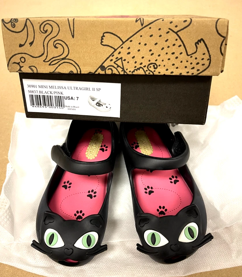 Mini Melissa Niña Pequeña Ultragirl II Mary Jane Flat Gato Negro Nuevo con Caja Foto 2 de 4