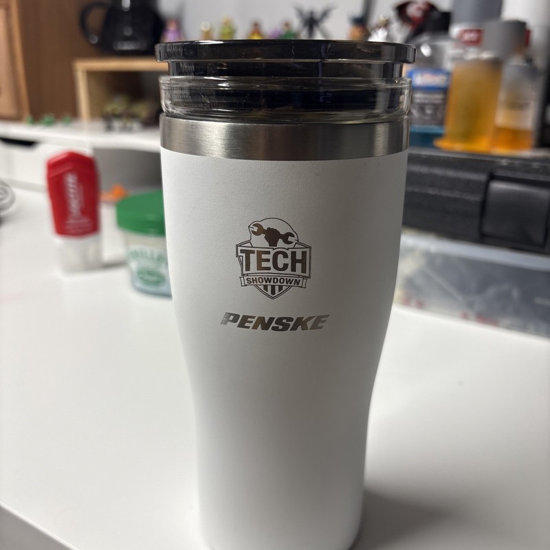 TOADFISH Travel Tumbler White with suction cup bottom and Penske Logo