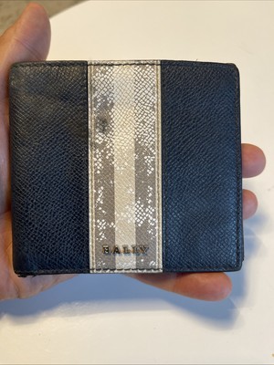 BALLY Geldbörse Herren Schwarz Leder Elfenbein Streifen Doppelfaltung Portemonnaie Kartenetui.