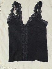Women s Black Solid Ribbed Knit Lace Trim Stretch Camisole Tank Top M