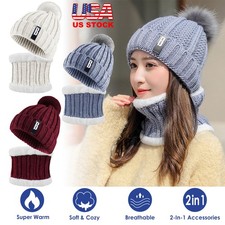 Warm Thermal Stretchy Knitted Hat and Scarf Set with Soft Fleece Lining Cozy