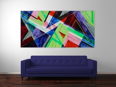 ShawNshawN Original Abstract Painting on Canvas HUGE 46x93 Vibrant Geometric Art