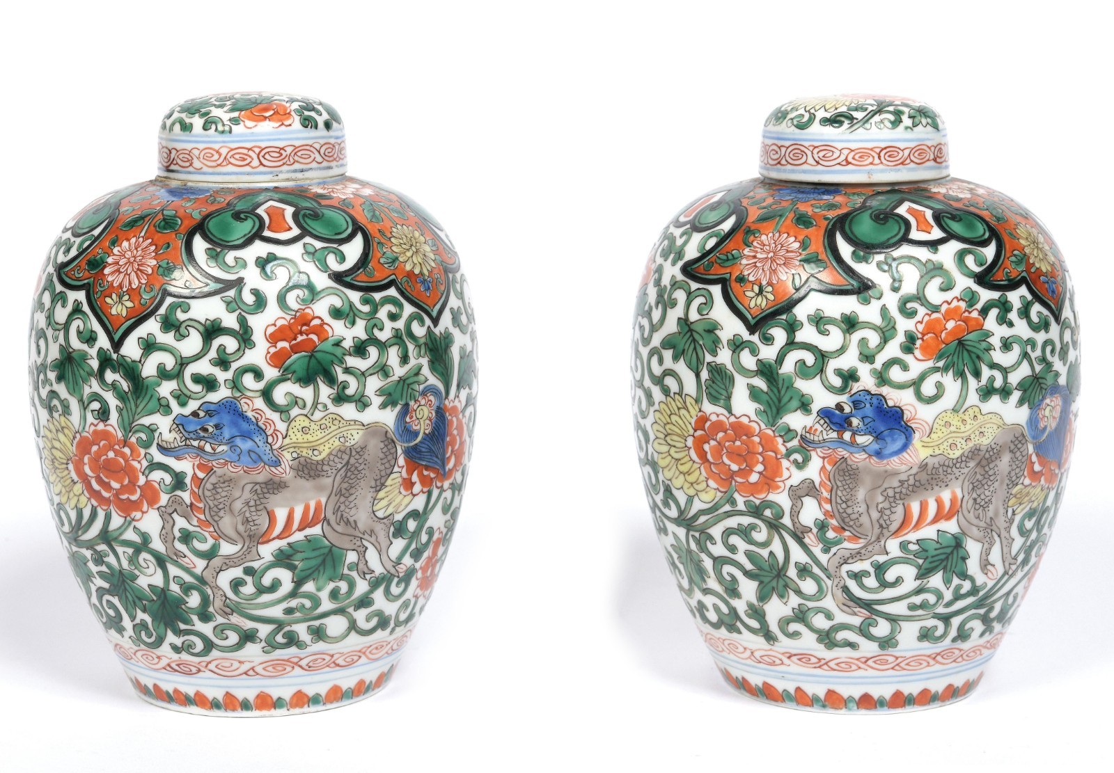 Chinese Qing Dynasty Kangxi Porcelain Famille Verte Ginger Jar with Lid Pair