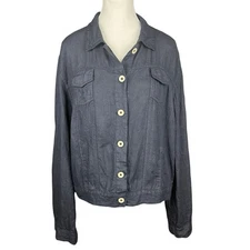 Linen Jacket Navy Blue Womens XL Button Down Collared Crop Jacket Casual Trucker