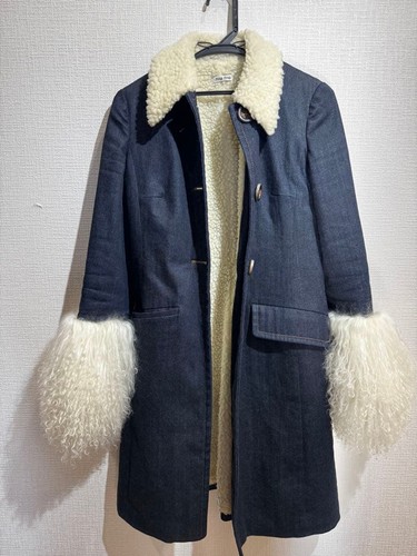 MIU MIU Denim Long Coat Blue Fur Trim Sleeves Womens Outerwear Winter